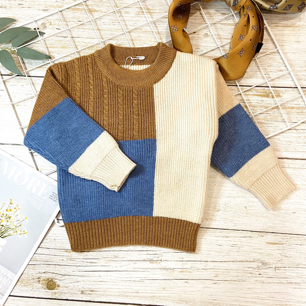 Áo len bé trai cổ tròn, áo thu đông bé trai chất len dệt kim Quảng Châu mềm, đẹp, sành điệu size 10-18kg Kidstore