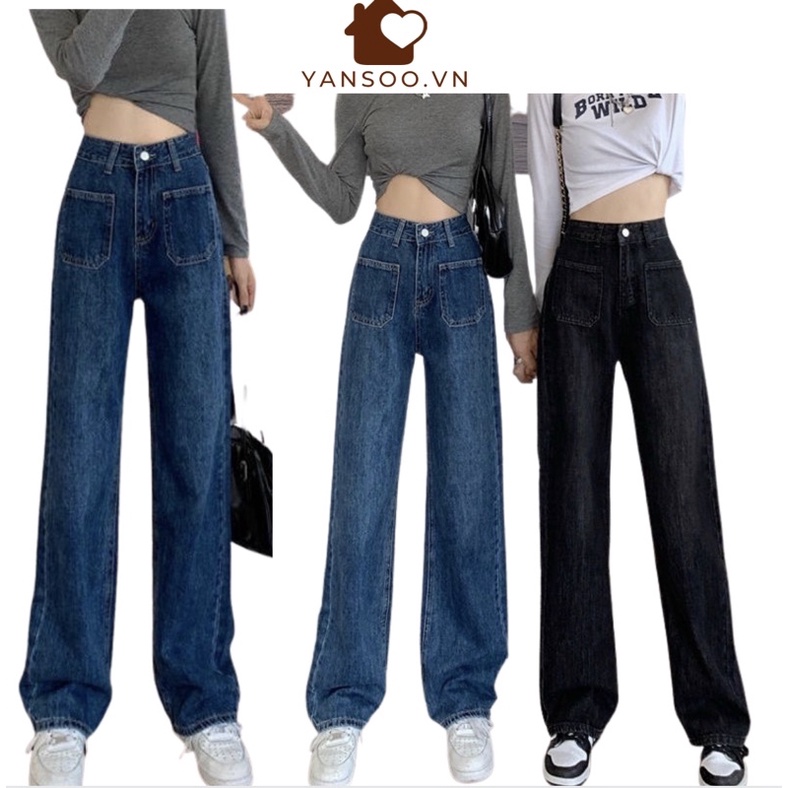 Quần jean ống rộng hai túi trước cá tính cạp cao hách chân , quần bò ống sớ chùm mắt cá chân chất dày dặn by YANSOO