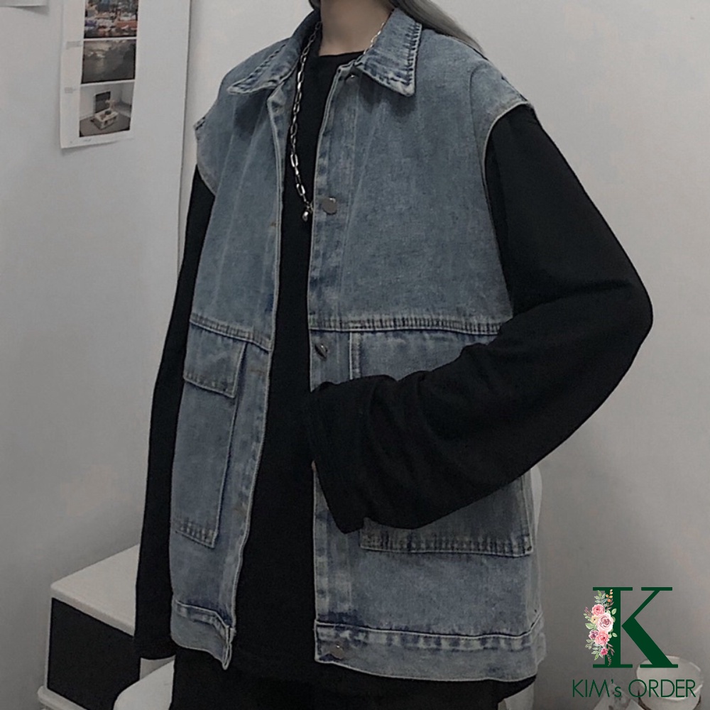 Áo Gile Bò Nam Nữ Phong Cách Cá Tính Áo Khoác Jeans Dáng Rộng Ulzzang Unisex Hàn Quốc Màu Xanh Màu Đen Đủ Size