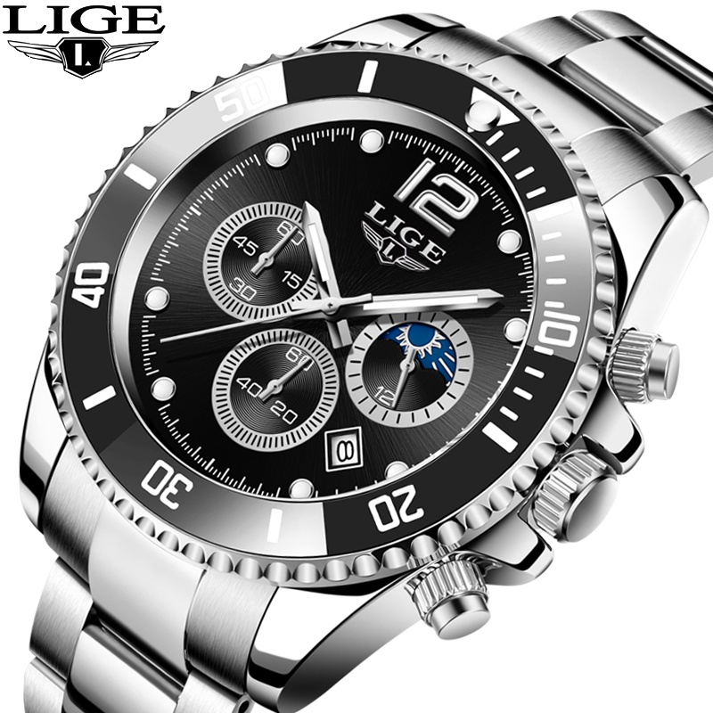 LIGE 8924 Men's Watch Fashion Stainless Steel Waterproof Quartz Automatic