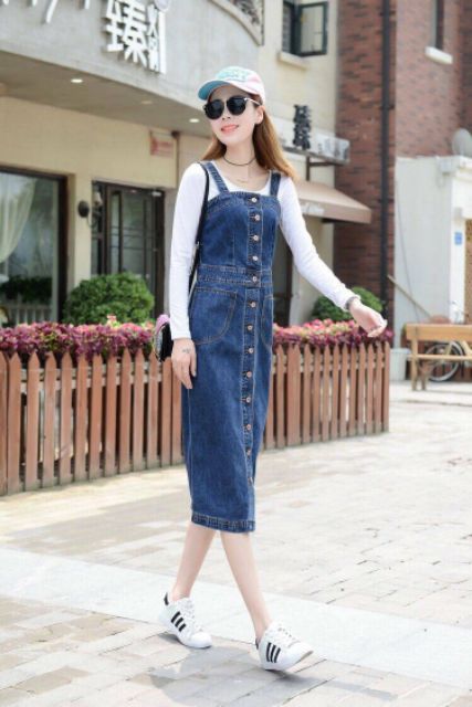 Đầm jean suông yếm cài nút, váy bò 2 dây kiểu xuông - DTH
