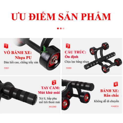 [ XẢ KHO NGHỈ BÁN ]  Con Lăn Tập Bụng 4 Bánh Cao Cấp Tặng Kèm Thảm