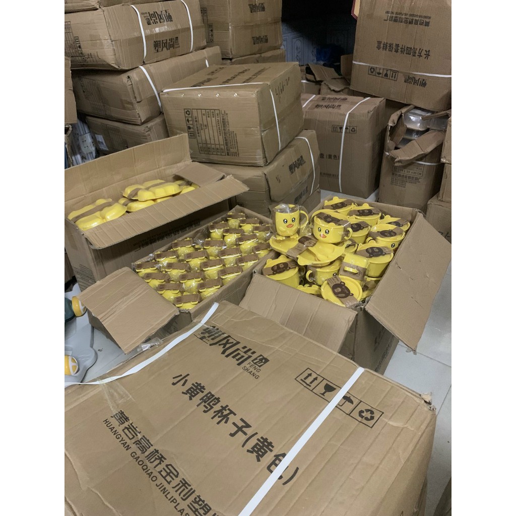 d1231 Bộ dụng cụ ăn dặm hình Vịt vàng ngộ nghĩnh làm bằng thân cây lúa mạch chịu nhiệt 80 độ C,tuyệt đối an toàn cho Bé