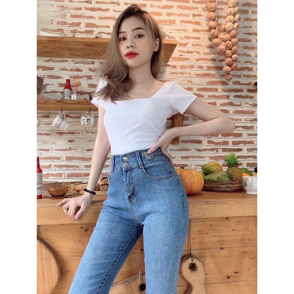 Quần jean nữ lưng cao HAI CÚC phối HAI KHUYÊN HÔNG màu xanh bảng size 26-30 chất jean giãn tốt a2-6