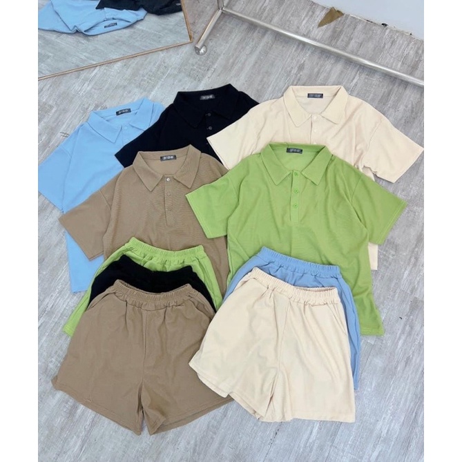 (Ảnh thật) Set áo polo thun tổ ong kèm quần short cạp chun