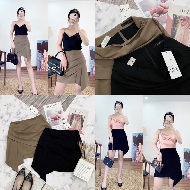 Chân váy vạt chéo xếp zara (Freesize &lt; 55kg) - Chân váy 2 lớp có túi