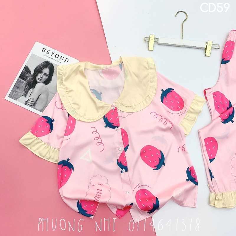 Pijama lụa SATIN tay ngắn bèo cổ bèo DÂU, MICKEY hồng siêu đáng yêu❤️
