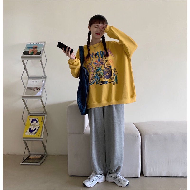 Áo sweater nữ dài tay in họa tiết DHM phom rộng unisex/ Áo nỉ cổ tròn tay bồng dáng thụng ulzzang | BigBuy360 - bigbuy360.vn