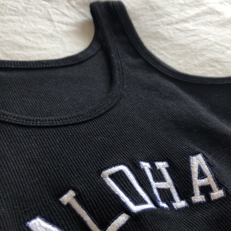 Áo Croptop Dệt Kim Sát Nách Dáng Ôm Thêu Chữ Phong Cách Harajuku Thời Trang Cho Nữ