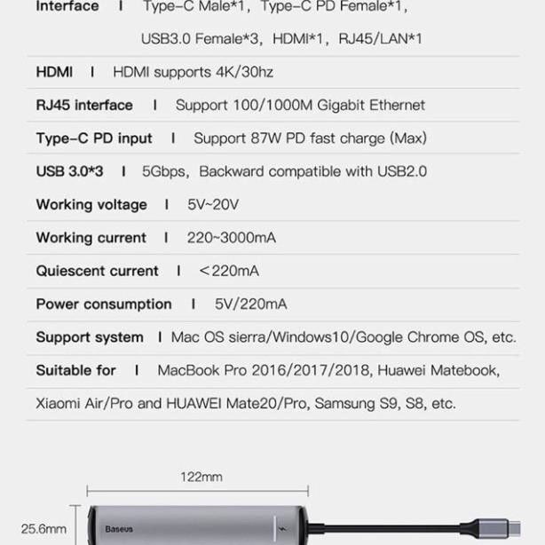 Baseus 6in1 HUB Adapter USB Loại C để USB 3.0 HDMI RJ45 đối với MacBook Pro HUB Splitter đối với Huawei matebook- BH 18T