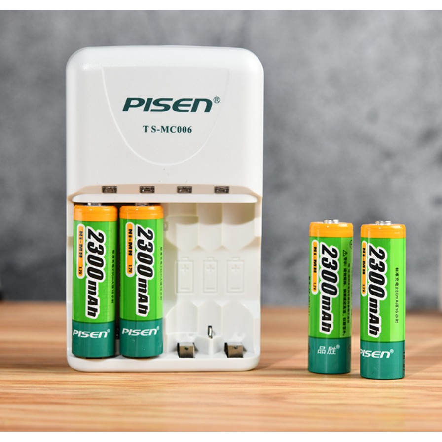 Bộ sạc kèm 4 pin sạc AA dung lượng cao 2300mAh chính hãng Pisen cho máy ảnh