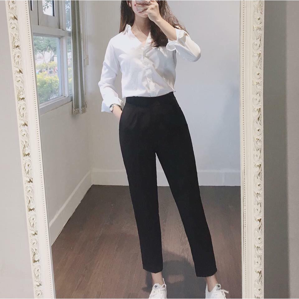 Hàng có sẳn- Quần tây form baggy lưng thun phía sau, dây kéo hông đen size đẹp ( size S M L XL) | BigBuy360 - bigbuy360.vn