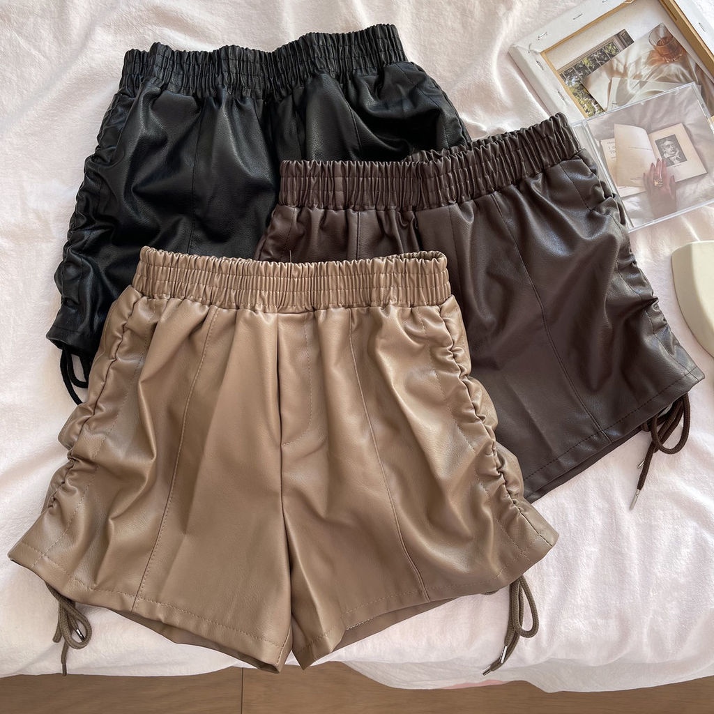 Quần Short Da Mỏng Lưng Thun Cao Ống Rộng Phối Dây Cột Hai Bên Thời Trang Dành Cho Nữ