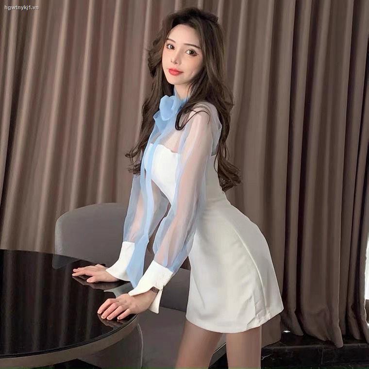 ✺♦Palace style chiffon stitching bowknot puff sleeve dress sweet temperament slim white summer base skirt