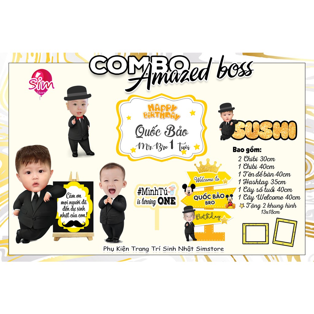 Combo hình chibi, bảng tên, cây welcome, cây số tuổi  trang trí sinh nhật bàn tiệc thiết kế  cho bé