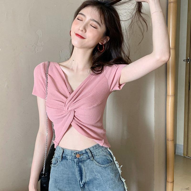 Áo Croptop Dệt Kim Tay Ngắn Cổ Chữ V Màu Trơn Phong Cách Hàn Quốc