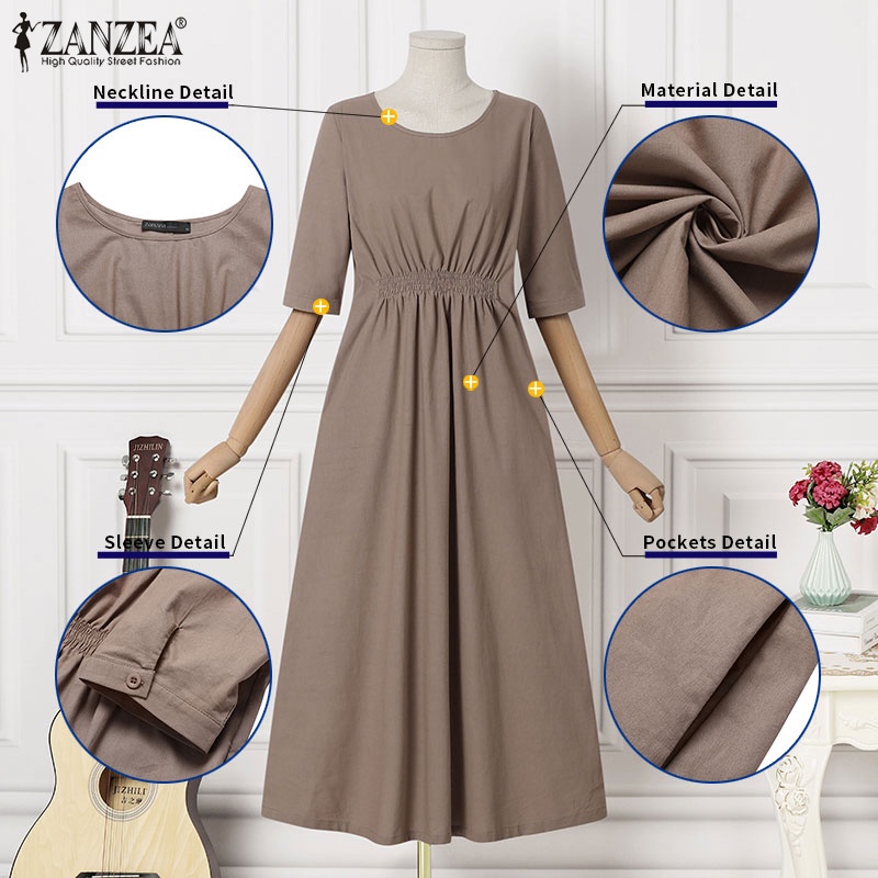 Zanzea Đầm Tay Lửng Cổ Tròn Màu Trơn Dáng Rộng Phối Túi Thời Trang Dành Cho Nữ