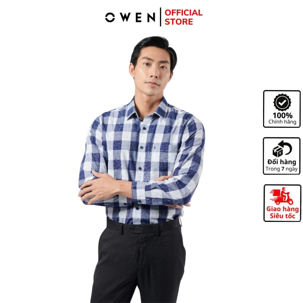 Áo sơ mi dài tay nam OWEN AR220801DT công sở Vải Sợi Tre cao cấp Màu kẻ caro lớn xanh navy trắng Dáng Regular Fit Có Túi