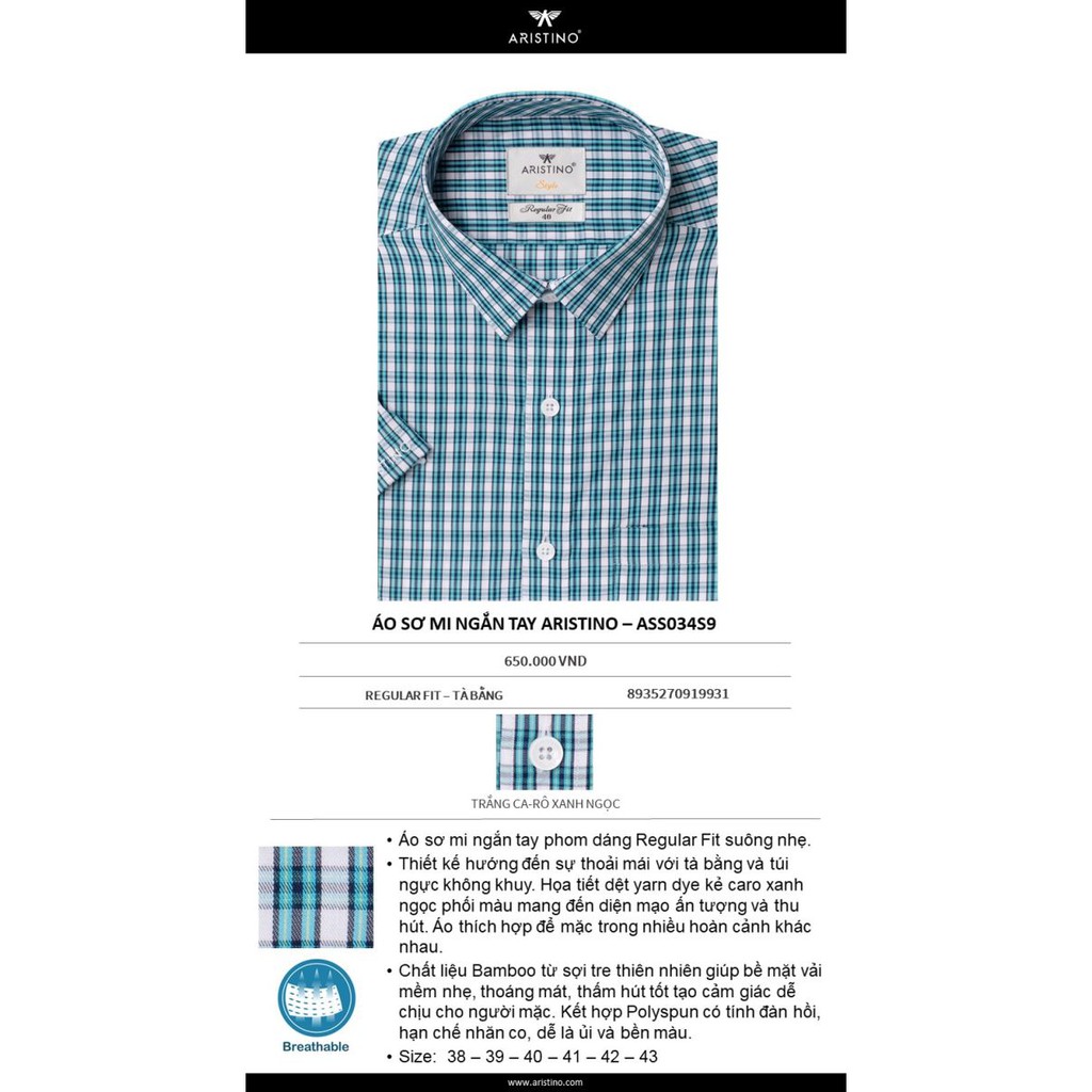 (ARISTINO sale) Áo sơ mi ARISTINO cộc tay ASS034S9  ÁO NGẮN TAY CHẤT SỢI TRE CAO CẤP MỊN MÁT CHỐNG NHĂN | BigBuy360 - bigbuy360.vn