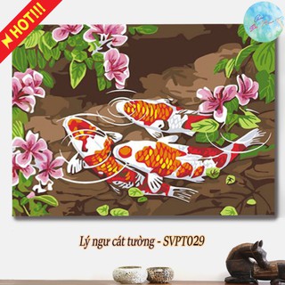 Tranh sơn dầu số hóa có khung tự tô màu theo số LÝ NGƯ CÁT TƯỜNG - SVPT029 ( Tranh tô màu phong thủy cảnh cá chép & hoa)
