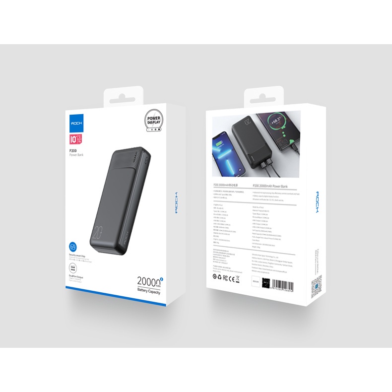 Pin sạc dự phòng Rockspace P200 20000mAh sạc nhanh 2 cổng USB  Micro Type C - Bảo hành 12 tháng - Hàng chính hãng