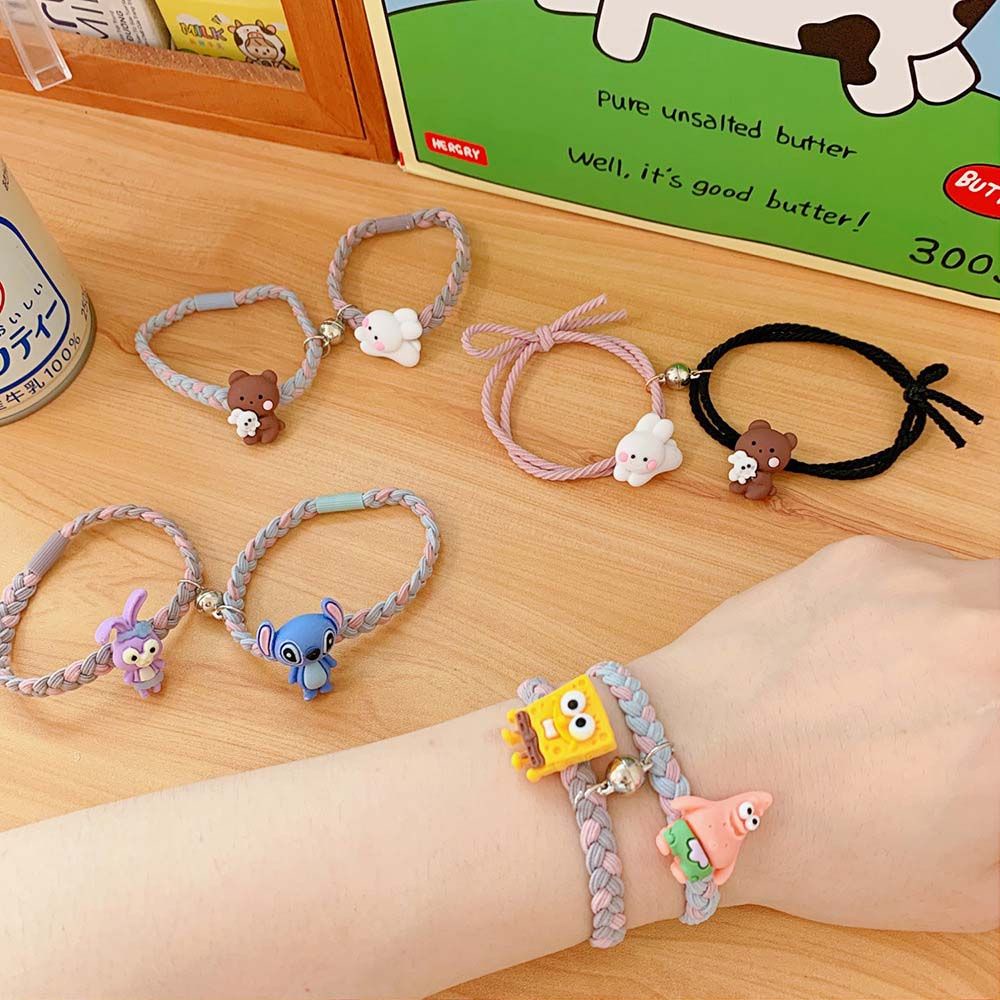 Set 2 vòng đeo tay dây bện phối hạt nam châm và mặt hoạt hình sáng tạo đáng yêu thời trang dành cho cặp đôi nam nữ