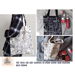Túi tote vải dệt canvas in hình chibi ngộ nghĩnh đen trắng