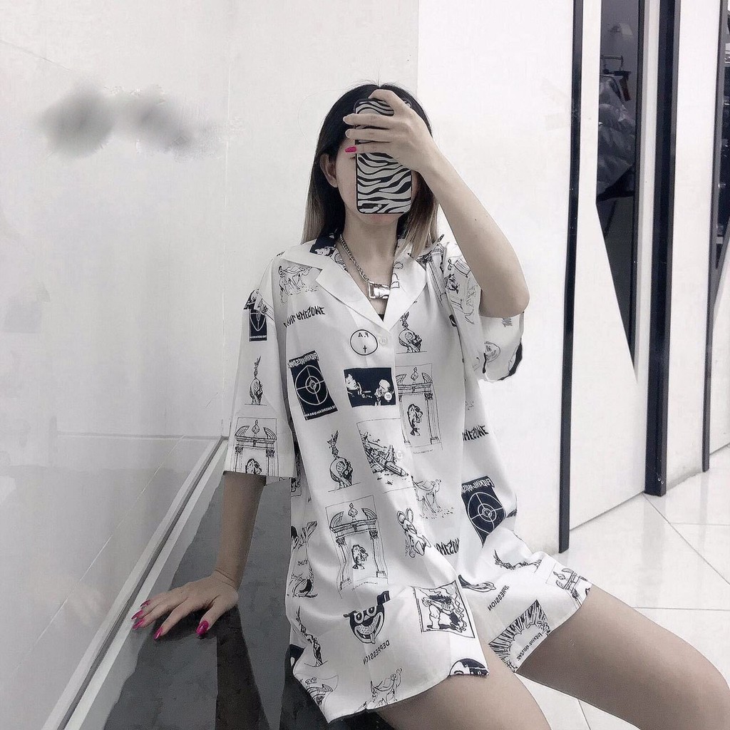 Áo sơ mi nam form rộng không túi hình in chìm với áo HARD CHICK tay lỡ n7clothing