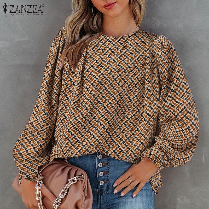 Áo kiểu ZANZEA cổ tròn tay phồng in họa tiết phong cách retro thời trang cho nữ