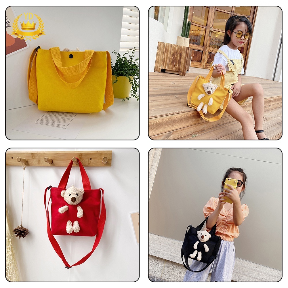 Túi đeo chéo vai bằng vải canvas hình gấu dễ thương dành cho bé gái
