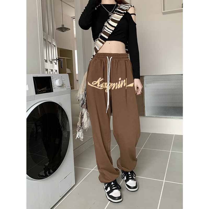 Quần ống rộng Lưng Cao In Chữ Phong Cách retro Mỹ Cho Nữ