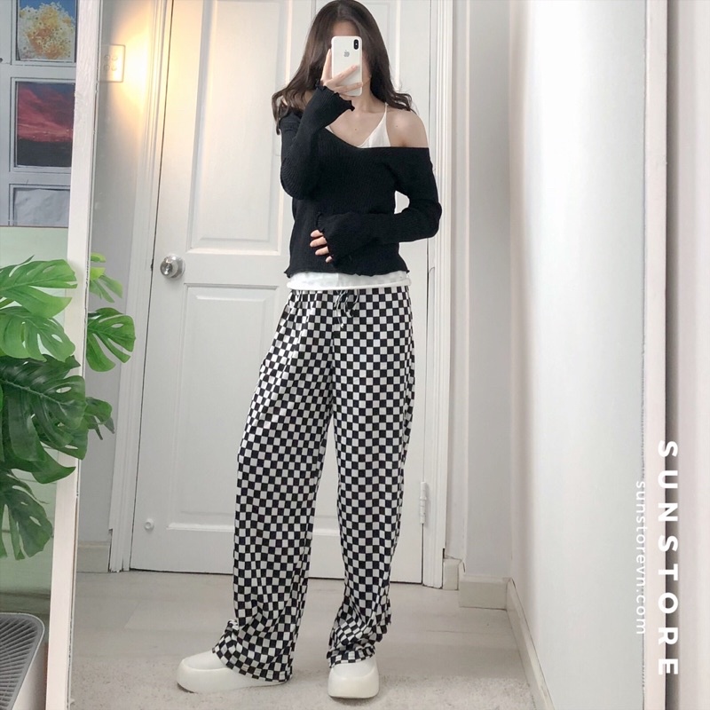 Quần ống rộng cạp cao họa tiết kẻ caro bàn cờ lưng chun co giãn Ulzzang