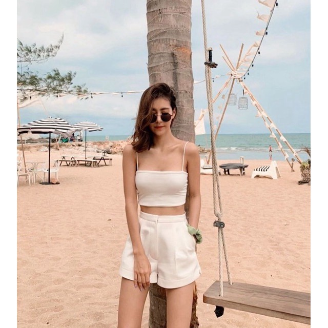 [FREESHIP] Áo hai dây dáng ôm mịn vải cotton co giãn không xù lông, Áo croptop 2 dây sợi bún trơn 2 màu đen trắng .