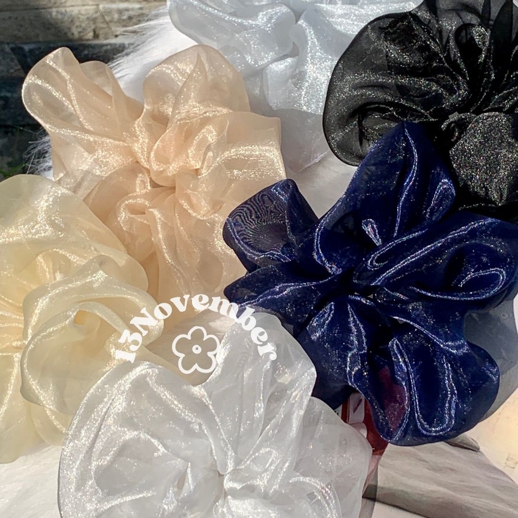 Scrunchies Cột Tóc Vải Ánh Kim Dạ Quang Lấp Lánh Cao Cấp Size Lớn To Buộc Tóc Vải Trơn Bóng Hàn Quốc Hot Trend