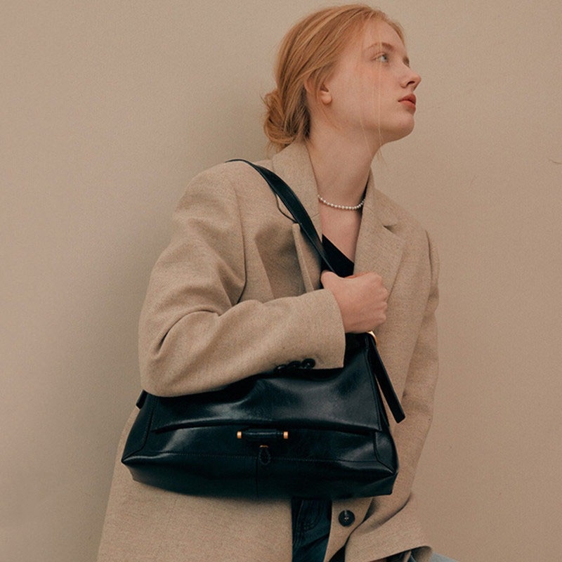 Túi đeo vai IELGY da PU mềm mại cỡ lớn màu đen phong cách Hàn Quốc thời trang dành cho nữ