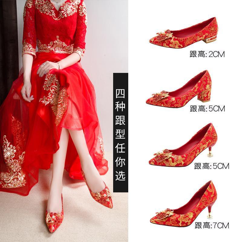 Giày cao gót đính đá nhân tạo màu đỏ phong cách Trung Hoa mẫu 2020 thời trang cho cô dâu