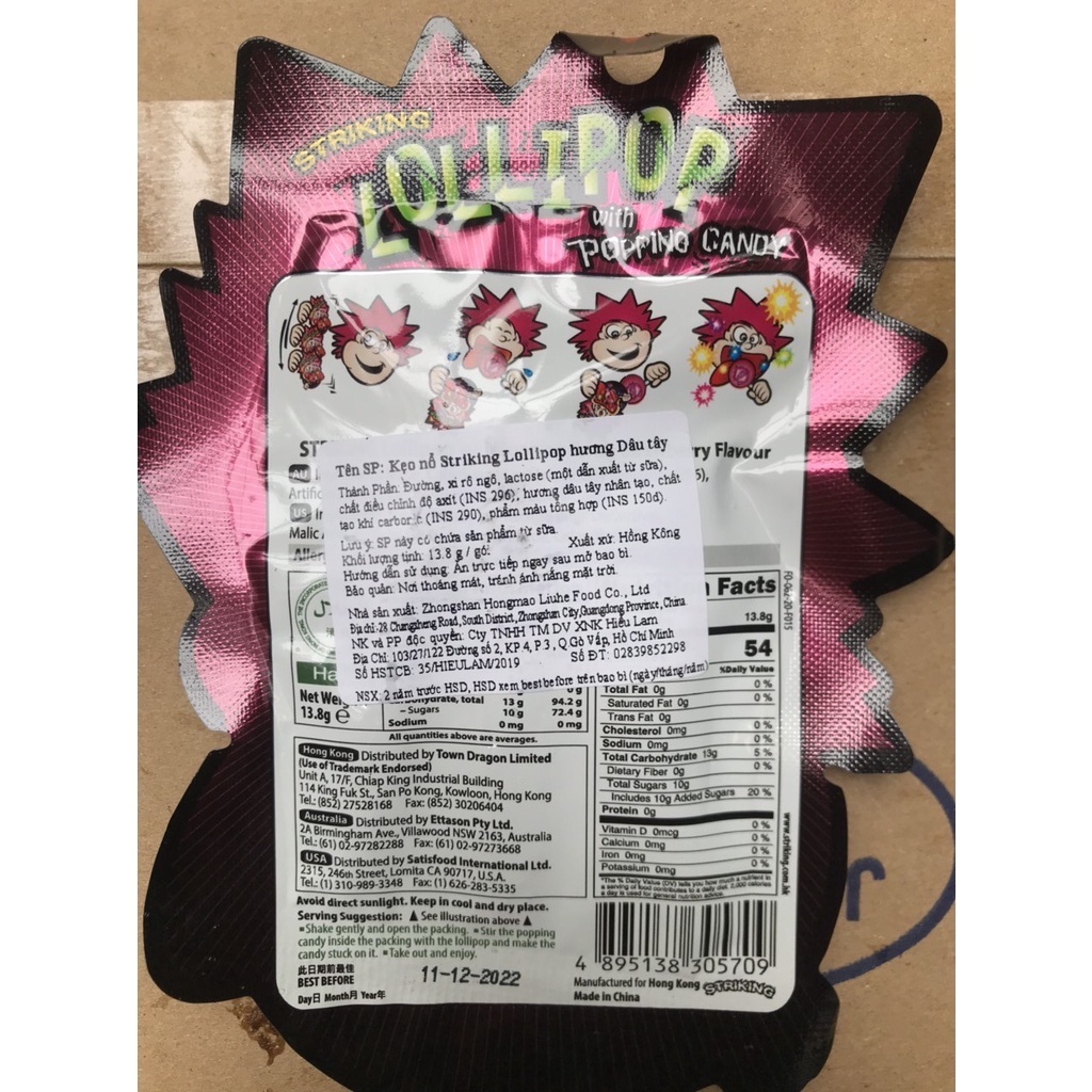 Kẹo Nổ Striking Lollipop Hong Kong Popping Candy Vị Dâu (Gói 13.8g-nhỏ)