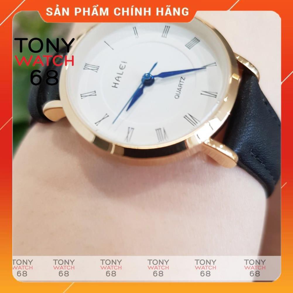 Hot!!! Đồng hồ cặp đôi nam nữ Halei kim xanh mặt trắng dây da nâu chính hãng Tony Watch 68 giá re