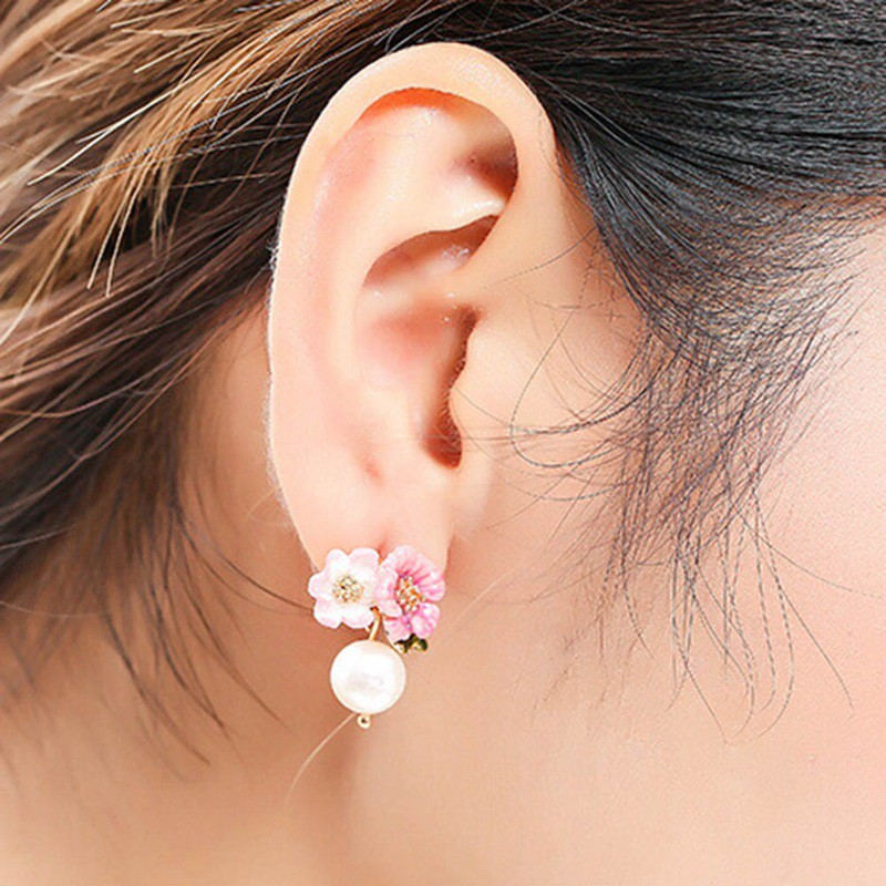 Bông tai mặt hình bông hoa đính đá và ngọc trai thanh lịch cho nữ
