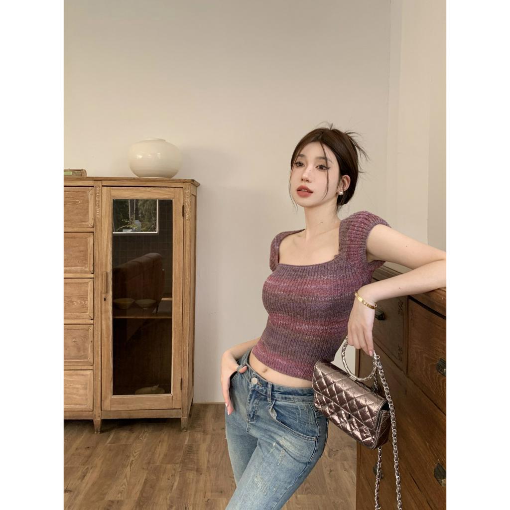 ZHELIHANGFEI Áo Thun Tay Ngắn Cổ Vuông Họa Tiết Kẻ Sọc Thời Trang Xuân Hè Phong Cách Pháp Mới Cho Nữ