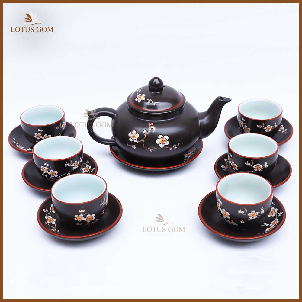 Bộ ấm chén Bát Tràng hoa đào dáng chóp