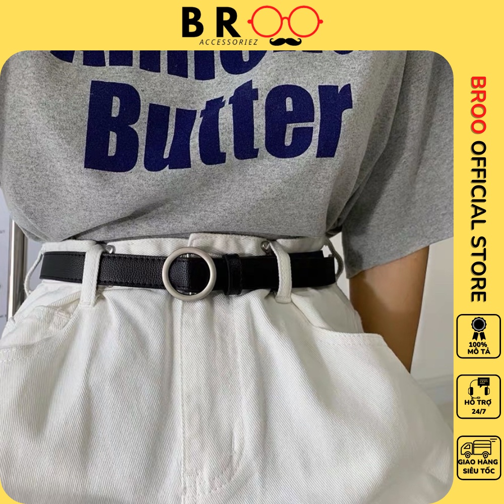 Thắt lưng nữ nam BROO mặt tròn không lỗ tiện lợi dây nịt lưng unisex bản nhỏ 2.3cm da PU cao cấp