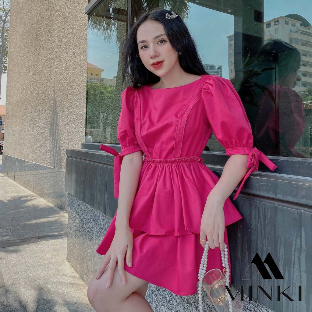 ĐẦM HỒNG BÈO TAY CỘT NƠ - CHẤT LIỆU CAO CẤP - MÀU HỒNG BÁNH BÈO THIẾT KẾ ĐẸP
