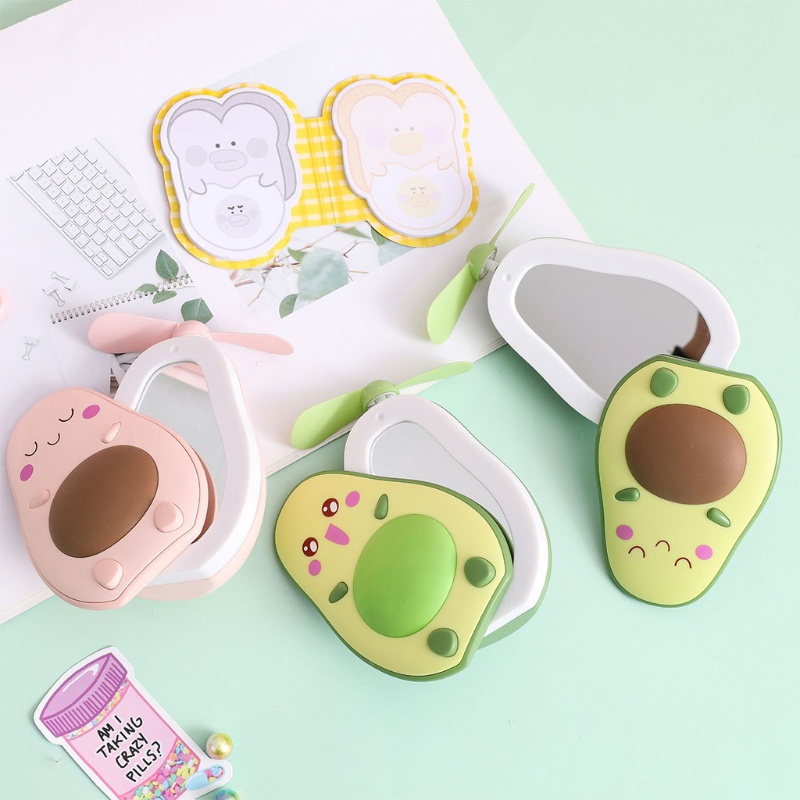 Quạt cầm tay mini hình quả bơ tích hợp gương và đèn sạc USB tiện dụng