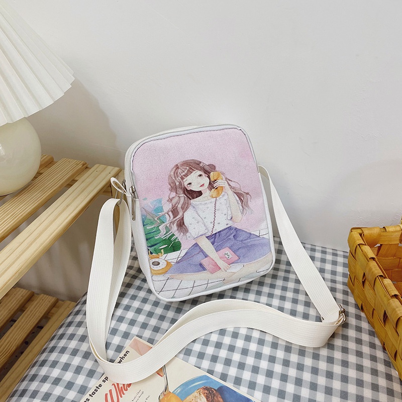 Túi Đeo Chéo Vải Canvas Hình Vuông Nhỏ Nhắn In Họa Tiết Hoạt Hình Dễ Thương Cho Nữ