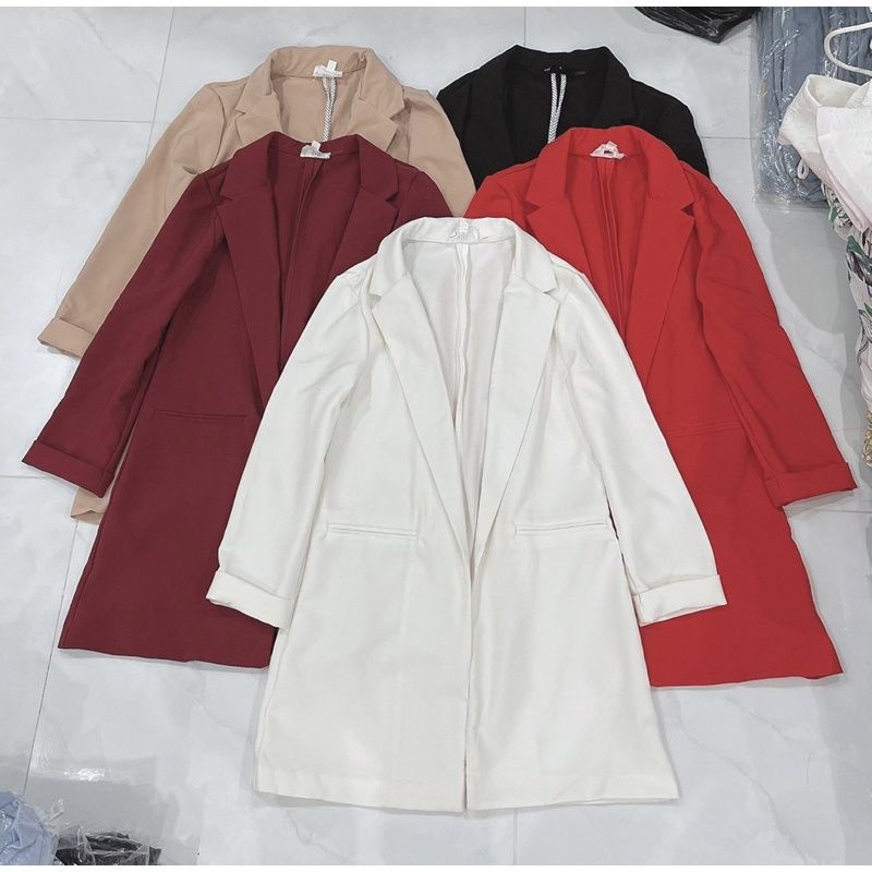 Áo khoác vest công sở dáng dài VNXK cardigan blazer coat longline 75cm phủ mông màu trắng đen xanh rêu xuất khẩu dư xịn