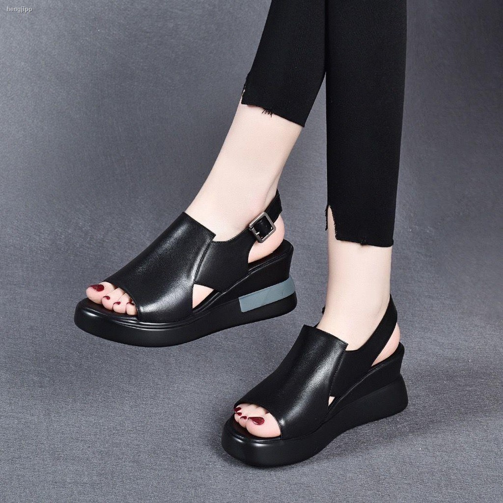 Giày Sandal Da Mềm Đế Xuồng Hở Mũi Thời Trang Cho Nữ 2021