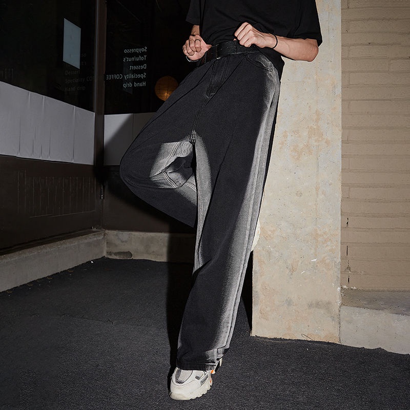 Quần Jeans Dài Ống Rộng Màu Đen Phong Cách Đường Phố Nhật Bản Cho Nam