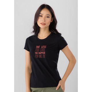 Áo thun in nữ tay ngắn cổ tròn giordano message tee " the less you care the happier you will be" màu đen 0539720924