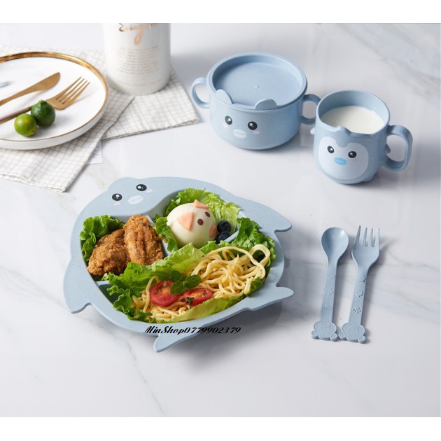 Tặng muỗng nĩa - Khay lúa mạch cho bé ăn dặm hình chim cánh cụt